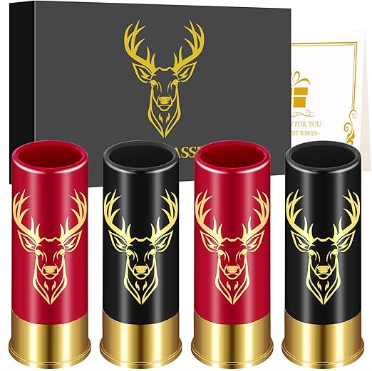 Juego de 4 Vasos de Chupito de Cabeza de Ciervo con Caja de Regalo para Hombres y Mujeres, Regalos de Cumpleaños, Regalos de Caza de Ciervo de Calibre 12 para Cazadores, Vaso de Plástico, Negro y Rojo