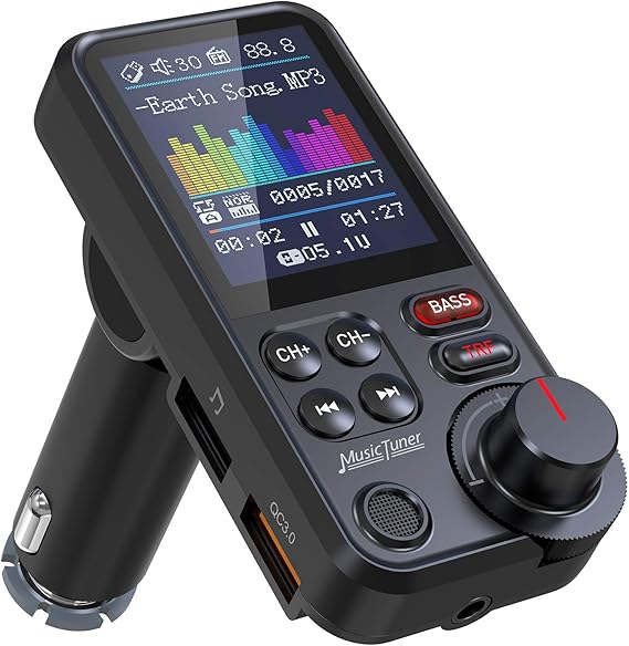 Nulaxy Transmisor Bluetooth Coche, Micrófono Fuerte Bluetooth Coche Mechero con Pantalla a Color de 1.8 ", Carga QC3.0, Reproductor de música con Sonido de Agudos y Graves - KM30