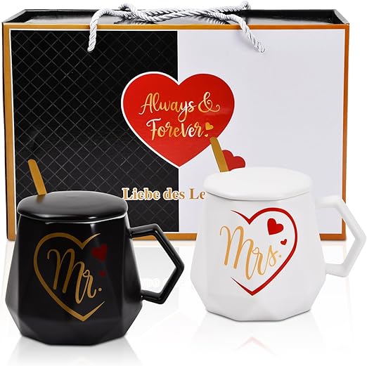 Juego de Tazas Mr y Mrs de Cerámica para Parejas - Regalo Ideal para Bodas, San Valentín, Cumpleaños - 2 Tazas con Tapa y Cuchara (400ml)