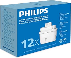 Philips Water Cartuchos de filtro de agua de repuesto Filtración Avanzada, pack de 12 filtros, reduce los MICROPLÁSTICOS, el CLORO, la CAL, los METALES PESADOS, compatible con brita*