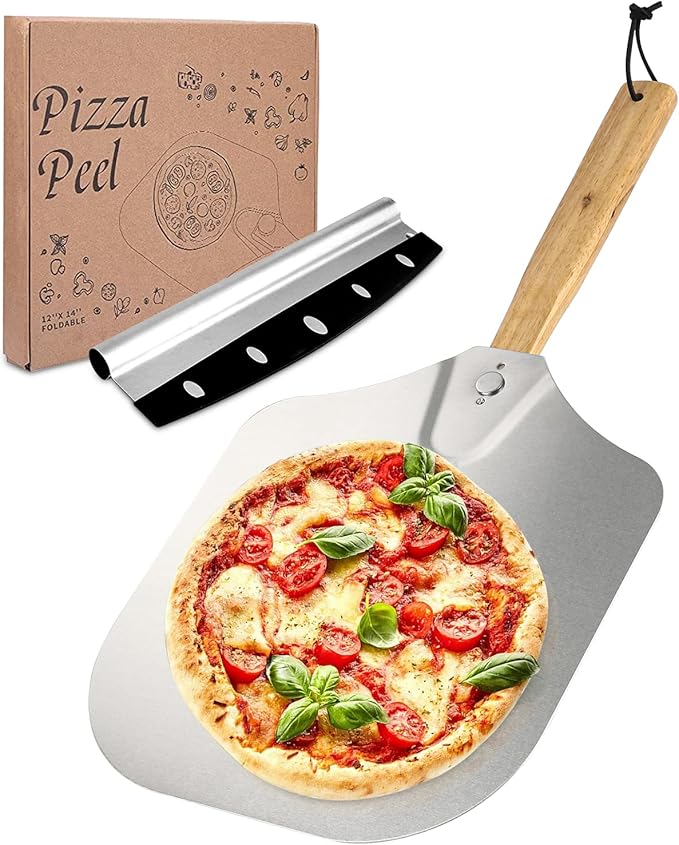 Viesap Pala Plegable de Aluminio con Mango de Madera Para Hornear Pan, 30.5x59.5CM, Set Profesional, XXL Cortador de Pizza.