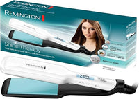 Remington Plancha de Pelo Shine Therapy, Aceite de Argán, Placas Flotantes Anchas, Resultados Profesionales, Cerámica Avanzada, Temperatura hasta 235°C, Digital, Blanco, 110 x 50 mm, S8550