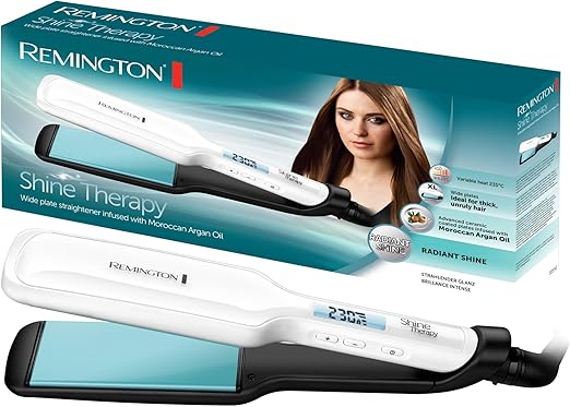 Remington Plancha de Pelo Shine Therapy, Aceite de Argán, Placas Flotantes Anchas, Resultados Profesionales, Cerámica Avanzada, Temperatura hasta 235°C, Digital, Blanco, 110 x 50 mm, S8550