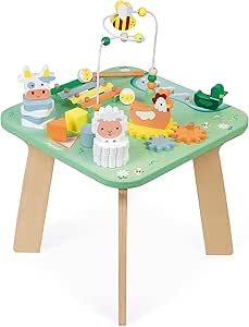 Janod - Mesa de Actividades Jolie Prairie - 7 Actividades para la Primera Edad - Mesa de Madera multijugador con el Tema de la Granja - Desarrollo de la motricidad Fina - A Partir de 12 Meses, J05327