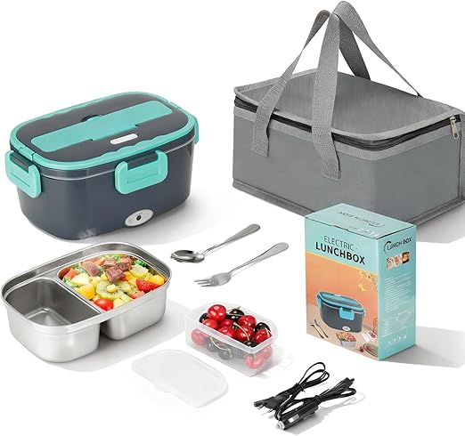 VINATO Fiambrera Electrica 1.5 L, Calentador De Comida Portatil 60W,Taper Electrico,Fiambrera Termica Para Coche,Camión,Oficina,Con Tenedor/Cuchara Y Bolsa Térmica