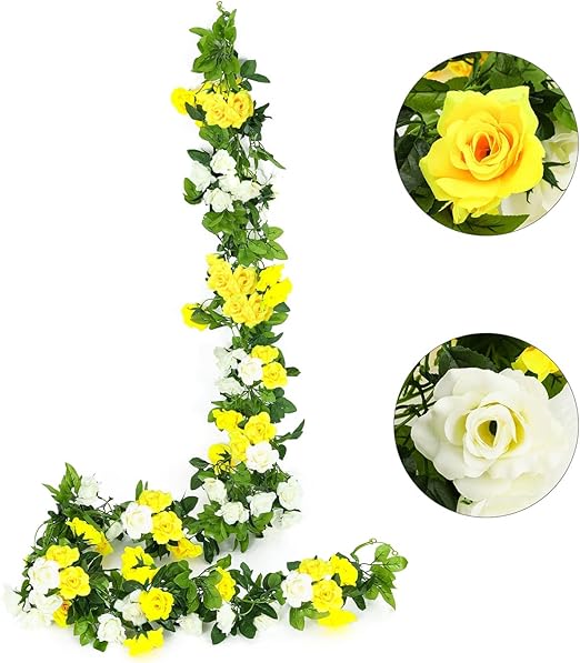 JUSTOYOU Guirnalda de Rosas Artificiales de Doble Color de 7.6 pies, para Colgar Flores de Seda, Flores Artificiales para Exteriores, Interiores,Paredes de baño, decoración (Amarillo, 13 Cabezas)