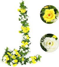 JUSTOYOU Guirnalda de Rosas Artificiales de Doble Color de 7.6 pies, para Colgar Flores de Seda, Flores Artificiales para Exteriores, Interiores,Paredes de baño, decoración (Amarillo, 13 Cabezas)