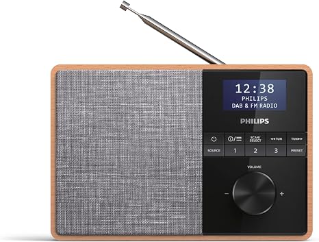 PHILIPS AUDIO TAR5505/10 Radio, Carcasa de Madera, Radio Dab+/FM, Temporizador de Cocina, Alimentación por Red o Batería, Color Marrón/Gris con Bluetooth