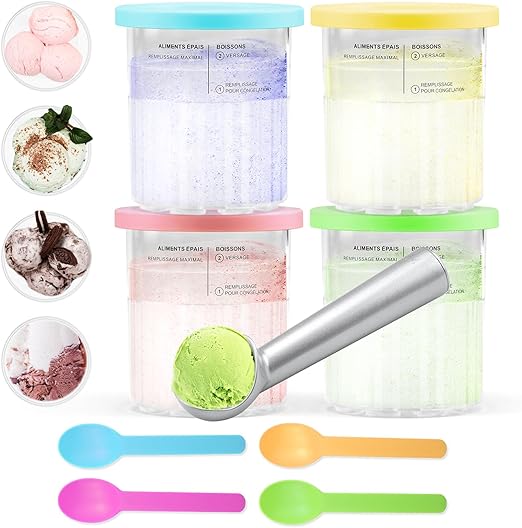 Aischens Contenedor de helado 24 OZ compatible con Ninja CREAMi Deluxe NC500 NC501EU Ice Cream Maker, 4Pack Tubs Pints Cups con tapas y cucharas Pint Accesorios