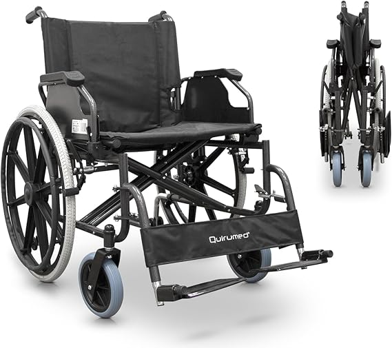 QUIRUMED Silla de ruedas, ANCHO ESPECIAL 56 CM UTILES, plegable, Acero, Acolchado extraíble, asiento amplio, Fácil plegado, Reposabrazos extraíbles, Para mayores, Para minusválidos