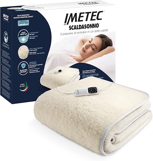 Imetec Adapto - Calientacamas individual 150x80 cm, 100% lana y merino, tecnología patentada, rápido calentamiento, sistema de protección Electro Block, controlador con 6 niveles de temperaturas