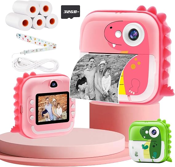 TOYOGO Cámara Instantánea para Niños, Cámara de Impresión Digital, Pantalla 2.4 Pulgadas, Video 1080P & 12 MP Doble Lente, 32G, 5 Rollos de Papel, Regalo para Cumpleaños y Navidad