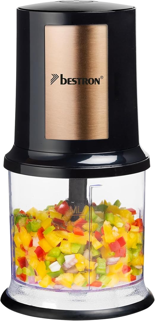 Bestron elektrischer Multi-Zerkleinerer, Universalzerkleinerer mit zwei Schneidemessern & 500ml Kapazität, große Pulstaste, 400 Watt, Farbe: Kupfer