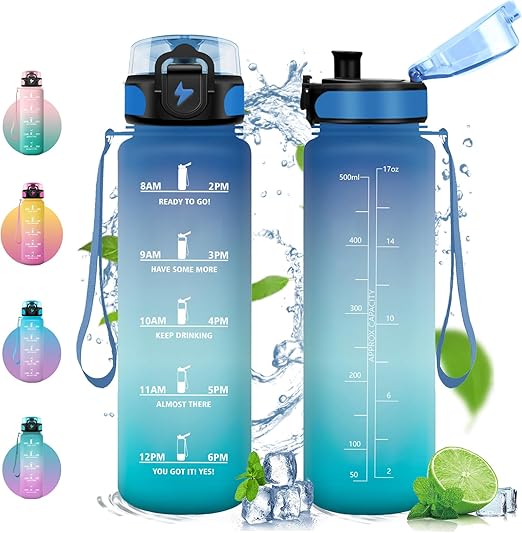 Vikastar Botella Agua, 500ml, Botella de Agua Deportiva, Botella con Filtro de Agua, Libre de BPA, Botella de Agua, Cantimplora para Deportes, Fitness, Yoga, Azul-Verde