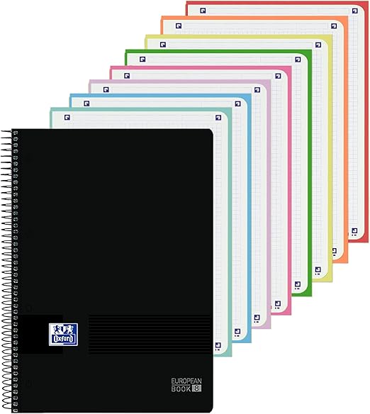 Oxford, Cuaderno A4 Cuadriculado 5x5, Tapa Plástico, 8 Bandas de Color, Hojas Microperforadas, Color Negro