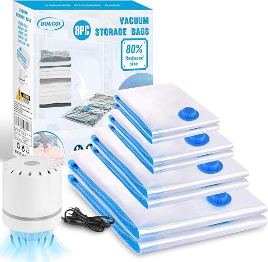 Bolsas de Almacenaje al Vacío 8 Piezas Tipo Grueso 2XL*100x80 + 2L*80x60 + 2M*70x50 + 2S*60x40cm Con Bomba de Aire Eléctrica Reutilizables de Bolsa para Vacío de Ropa,Ropa de Edredones, Almohadas