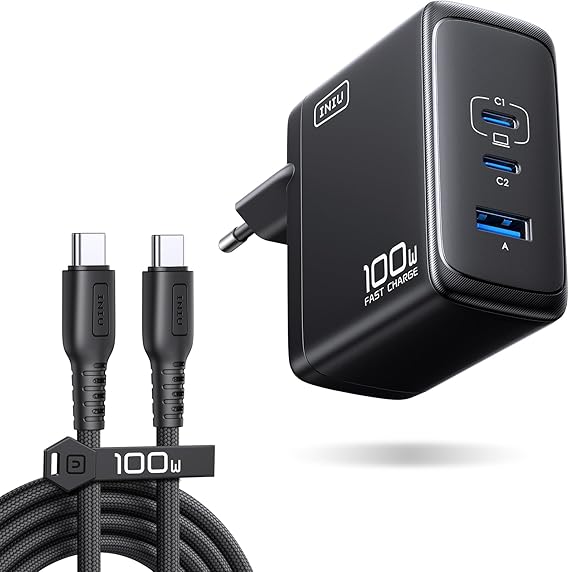 INIU Cargador USB C GaN 100W, 3-Puertos Cargador Rápido Compacto con Cable USB C de 100W 1.5m, Cargador de Viaje para Portátil MacBook Pro Air 14, iPhone 17 16 Pro Max iPad Samsung S26 S25 Ultra Pixel