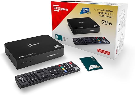 TELE System Decodificador satélite TS9019HEVC,tarjeta inteligente Tivùsat Classic incluida,certificado DAZN,más de 70 canales HD gratuitos,Serie A en DAZN1 y DAZN2,actualización automática de canales.