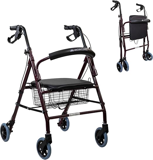 Mobiclinic®, Andador para ancianos, Modelo escorial, Marca española, Plegable, Frenos manuales y bloqueables, Aluminio, Con cesta, Ligero resistente, Asiento 4 ruedas, Color burdeos