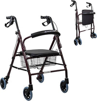 Mobiclinic®, Andador para ancianos, Modelo escorial, Marca española, Plegable, Frenos manuales y bloqueables, Aluminio, Con cesta, Ligero resistente, Asiento 4 ruedas, Color burdeos