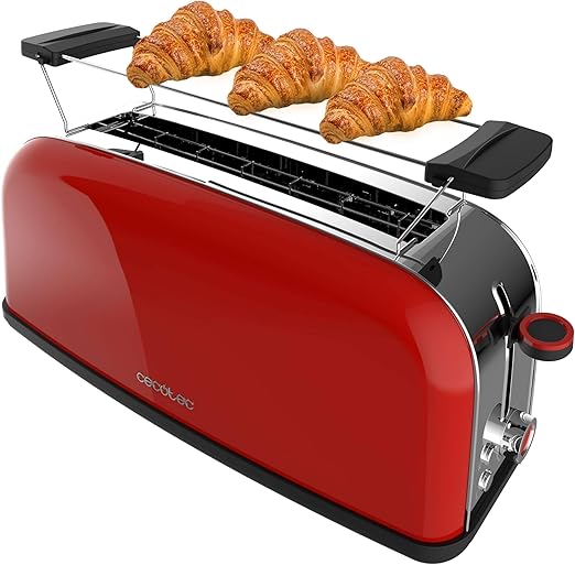 Cecotec Tostadora Vertical 1 Ranura Larga Toastin' time 850 Red Long. 850 W, 2 Rebanadas de Pan, Ranura Ancha 3,8 cm, Soporte para Panecillos y Bandeja Recogemigas, Acero Inoxidable, Rojo