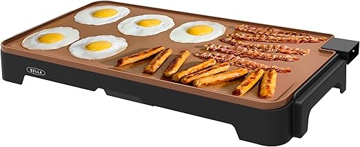 bella XL plancha eléctrica de titanio cerámico. Prepara 15 huevos a la vez, revestimiento antiadherente Healthy-Eco, fácil de limpiar, superficie de cocción retráctil grande de 12" x 22", cobre/negro