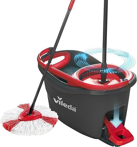 Vileda Turbo Juego de Cubo de fregona para Suelos giratoria con Pedal - Mango telescópico 85-123 cm - Cabezal de Microfibra 2 en 1 - Love it Clean - Embalaje sostenible