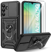 Guisessy Funda para Samsung Galaxy A26 5G Armor Carcasa Cubierta de cámara Deslizante Proteger con 2 Pack Cristal Templado Protector, con 360 Anillo Soporte PC y Silicona TPU Case, Negro