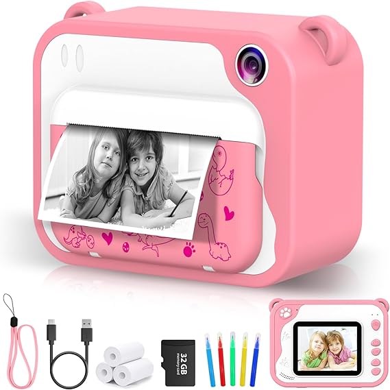 Ukuu Cámaras Instantáneas para Niños, Recargable Cámaras Fotos con Pantalla de 2,4" Incluye 3 Rollos Impresión Papel, 32GB TF y Bolígrafos de Colores Regalos Ideale para Niños Niñas de 3-12 Años Rosa