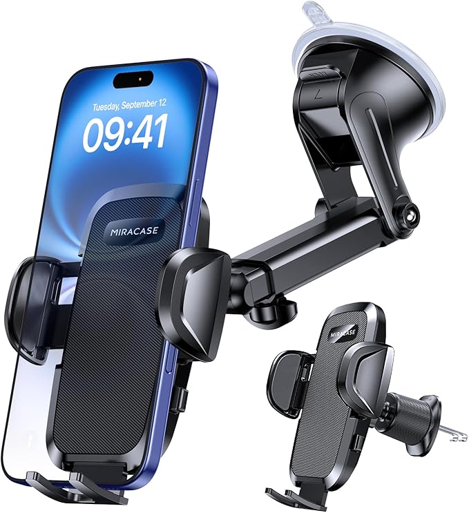 Miracase Soporte Movil Coche [Potente Ventosa& Gancho Doble Metálico] 3 in 1 Suporte Telemovel Carro para Parabrisas/Salpicadero/Ventilación de Aire, Soporte Teléfono Coche Universal para Smartphone