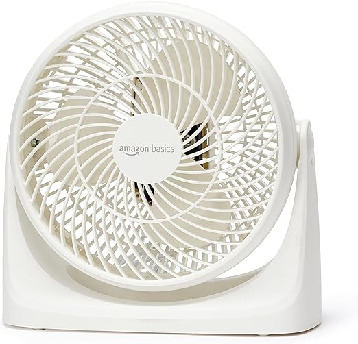 Amazon Basics Tisch-Ventilator tragbar, 18 cm, geräuscharme Kühlung, 3 Geschwindigkeiten, um 90° verstellbarer Winkel, Weiß, 15,49 x 27,3 x 27,69 cm