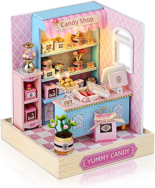 Cuteefun Kit de Maquetas Casas DIY, Casa en Miniatura para Montar con Muebles Guardapolvo y Herramientas, Regalo de Cumpleaños Navidad y Halloween(Deliciosos Dulces)