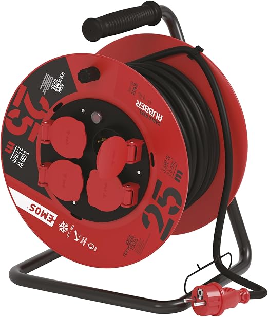 EMOS 1000116.30 Enrollacables Profesional alargador, 25m de Cable con 4 enchufes Schuko, 2,5 mm2 Goma, IP44, para Uso Exterior, Macho a hembra, negro/azul