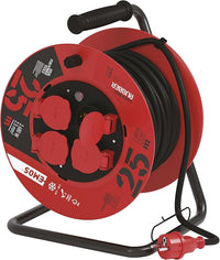 EMOS 1000116.30 Enrollacables Profesional alargador, 25m de Cable con 4 enchufes Schuko, 2,5 mm2 Goma, IP44, para Uso Exterior, Macho a hembra, negro/azul