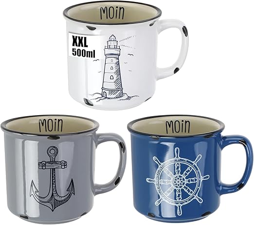 com-four® 3x XXL tazas de café de porcelana - taza para beber de 500 ml - tazas de café marítimas para el hogar y la oficina - cafetera para bebidas frías y calientes (3 piezas - blanco/azul/gris)