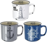 com-four® 3x XXL tazas de café de porcelana - taza para beber de 500 ml - tazas de café marítimas para el hogar y la oficina - cafetera para bebidas frías y calientes (3 piezas - blanco/azul/gris)