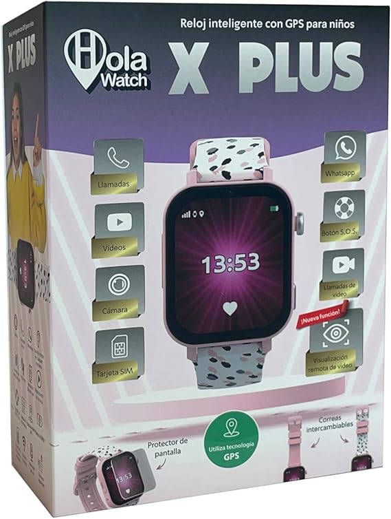 Cefa Toys - Reloj Inteligente Holawatch X Plus Pink Android, con 4G LBS/WIFI, GPS, Tarjeta SIM, Cámara, Juegos, Llamadas, Videollamadas, Whatsapp, Medidor de Pasos, Correa Extra, Protector de Pantalla