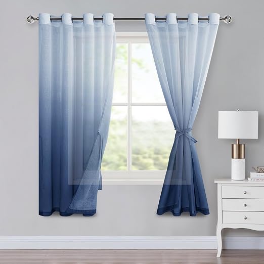 XWZO - Cortinas ombré con gradiente, juego de 2, con ojales en la parte superior y lazos para cortina, 160 x 140 cm (alto x ancho), voile de denim azul claro para dormitorio y sala de estar