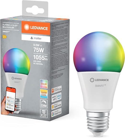LEDVANCE Lámpara LED SMART+ MATTER, compatible con Google, Alexa, Apple, aspecto esmerilado, 9,5W, 1055lm, base E27, función RGBW, luz blanca, control por app o voz, vida útil de hasta 20.000 horas