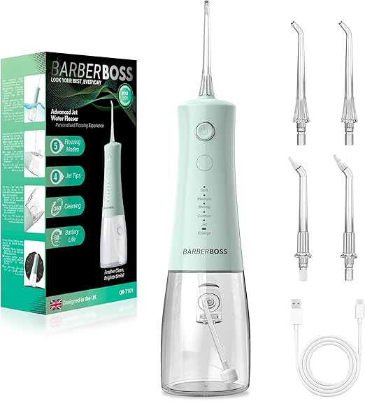 BarberBoss irrigador dental, Bucal Irrigador, hilo dental eléctrico inalámbrico con depósito 340 ml, 5 modos de presión, resistente al agua IPX8, irrigador bucal portátil (Verde Pastel)