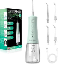 BarberBoss irrigador dental, Bucal Irrigador, hilo dental eléctrico inalámbrico con depósito 340 ml, 5 modos de presión, resistente al agua IPX8, irrigador bucal portátil (Verde Pastel)