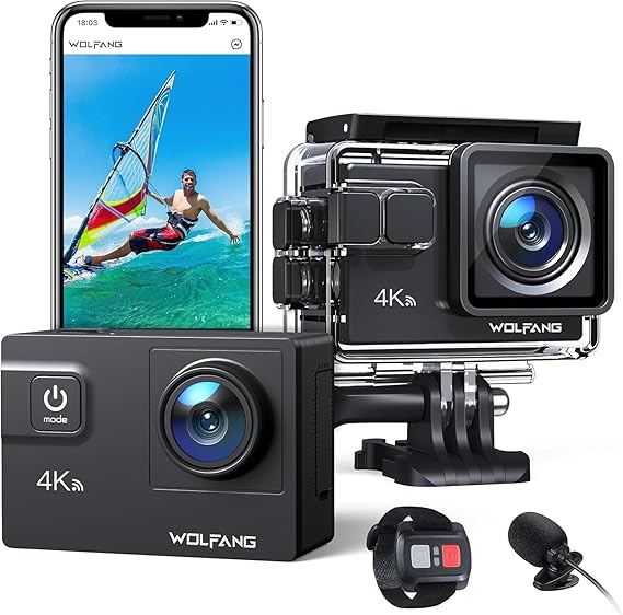 WOLFANG Cámara Deportiva WiFi 4K 60FPS GA300, Videocámara 8xZoom 24MP, Cámara Acuática Sumergible 40M con Micrófono Dual, 170° Gran Angular, EIS Mejorado, 2.4G Control Remoto, 2x1350mAh Baterías