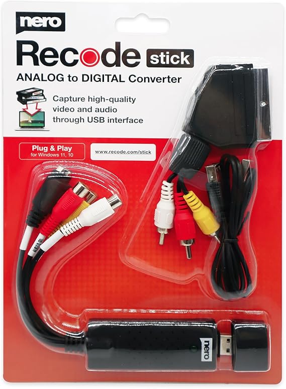 Nero VHS naar USB Video Grabber Recode Stick | VHS zelf digitaliseren | ANALOG naar DIGITAL Capture Card | Windows 11/10/8 (videocassettes digitaliseren, S-VHS | Hi8 | Super 8 | DVD naar PC)