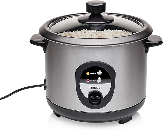 Tristar RK-6126 Arrocera, Capacidad 1 litro, Función para Mantener el Calor, Apagado Automático, Incluye Taza Medidora, Espátula y Cuchara, revestimiento antiadherente del recipiente, 400 W, Plateado