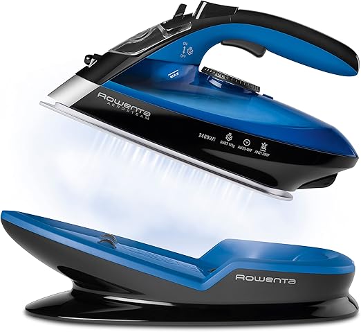 Rowenta Freemove DE5010 Plancha sin cable con golpe de vapor 115 g/min, sin cable, 250 ml, suela Microsteam 400 láser, autoapagado y antical, todo tipo de tejidos, Azul/Negro