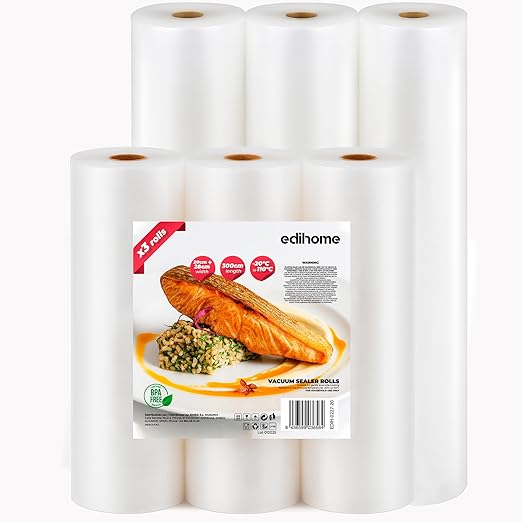 Edihome, Bolsas Vacio Alimentos, Set 6 Rollos, 20x300cm + 28x300cm, Bolsas para Envasar al Vacio Alimentos, Conservación, Rollos Envasadora al Vacio, BPA Free, Sous, Vide (6 Rollos 20 cm 28cm)