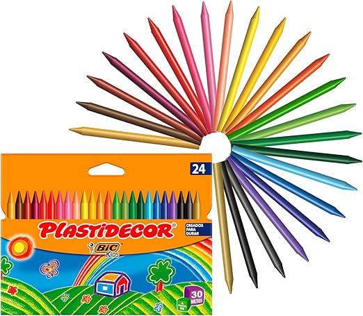 BIC Kids Ceras de Colores para Niños, Óptimo para material escolar,Plastidecor, Colores Vivos Surtidos, Ideal para colorear, 24 Ceras