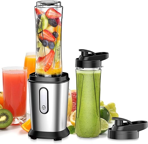 Batidora de Vaso, 500W Batidora Smoothies, Mini Batidora Portatil Batidora de Vaso Individual con 2 Botellas de 600 ml de Plástico Tritan, Licuadora para Zumos, Batidos, Verduras, Frutas