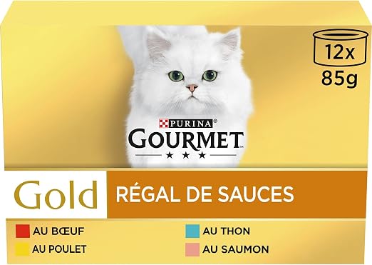 Gourmet Gold, Regal de Salsas, Caja, Gato, Carne de Res, Pollo, salmón, atún, 12 x 85 g
