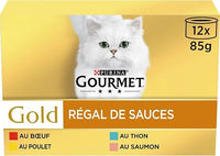 Gourmet Gold, Regal de Salsas, Caja, Gato, Carne de Res, Pollo, salmón, atún, 12 x 85 g